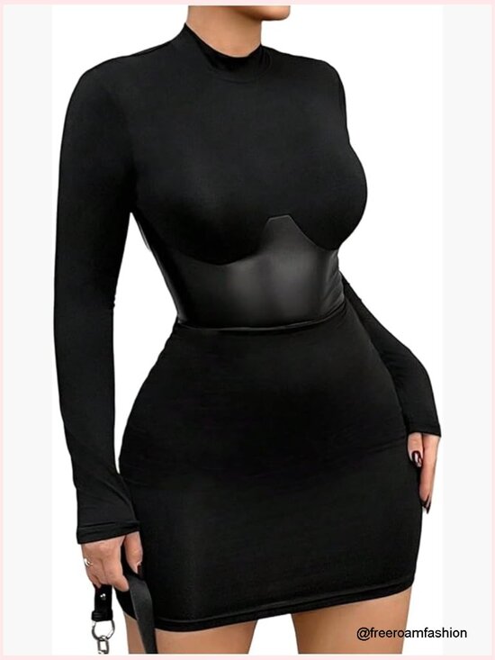 Dresses & Skirts - Mock Neck Corset Mini Dress Y2K Cinched Waist Long Sleeve Bodycon Club Wear
